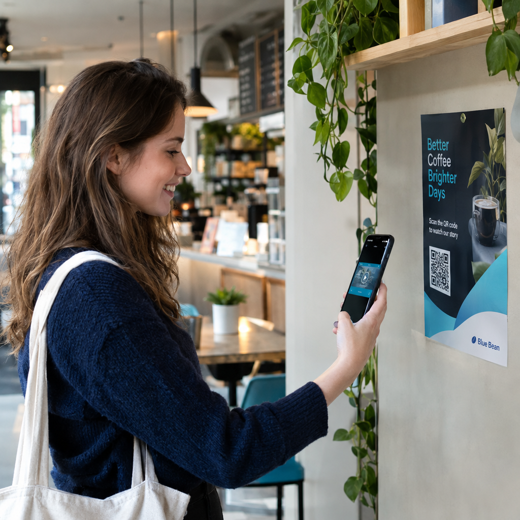 Una ragazza sorride mentre scansiona con lo smartphone il QR di un volantino appeso alla parete di un caffè moderno
