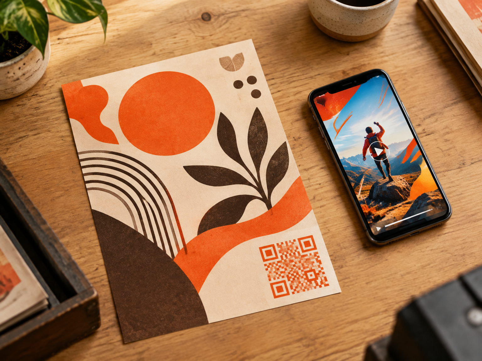 Volantino illustrato con codice QR accanto a uno smartphone che riproduce il video promozionale