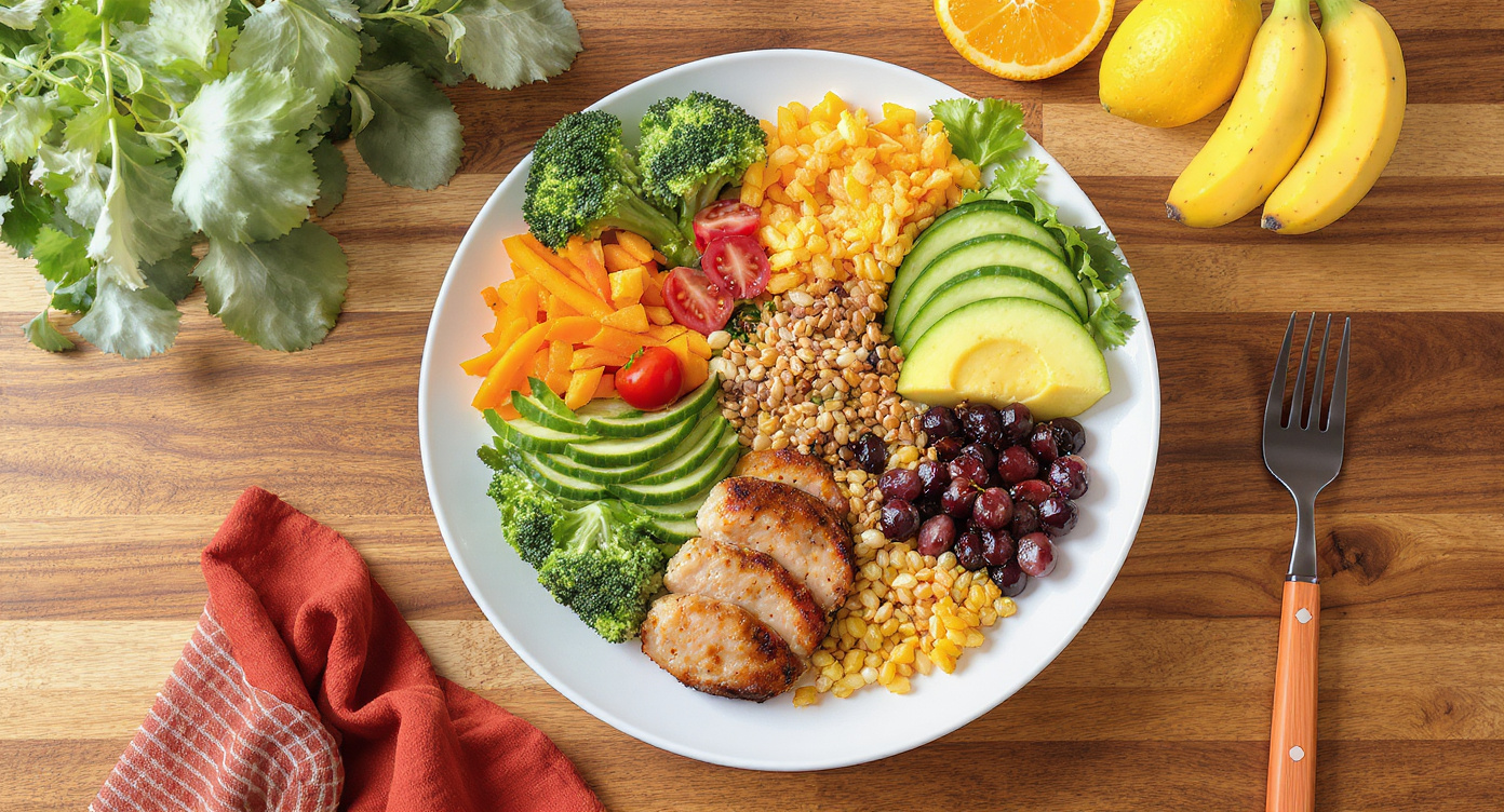 Krásně uspořádané zdravé jídlo na talíři - vyvážená strava s čerstvou zeleninou, obilovinami a ovocem