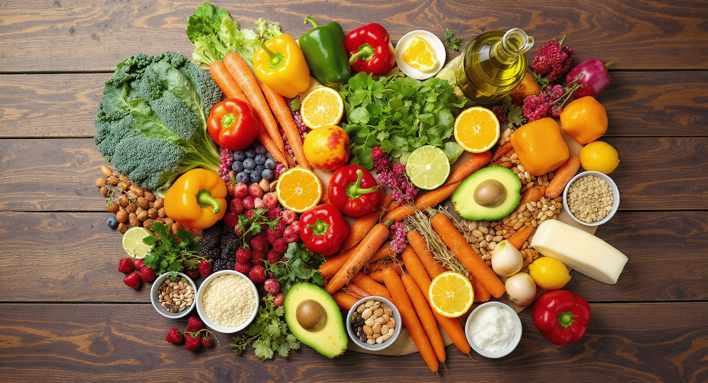 Barevné zdravé jídlo na dřevěném stole - čerstvá zelenina, ovoce a zdravé potraviny