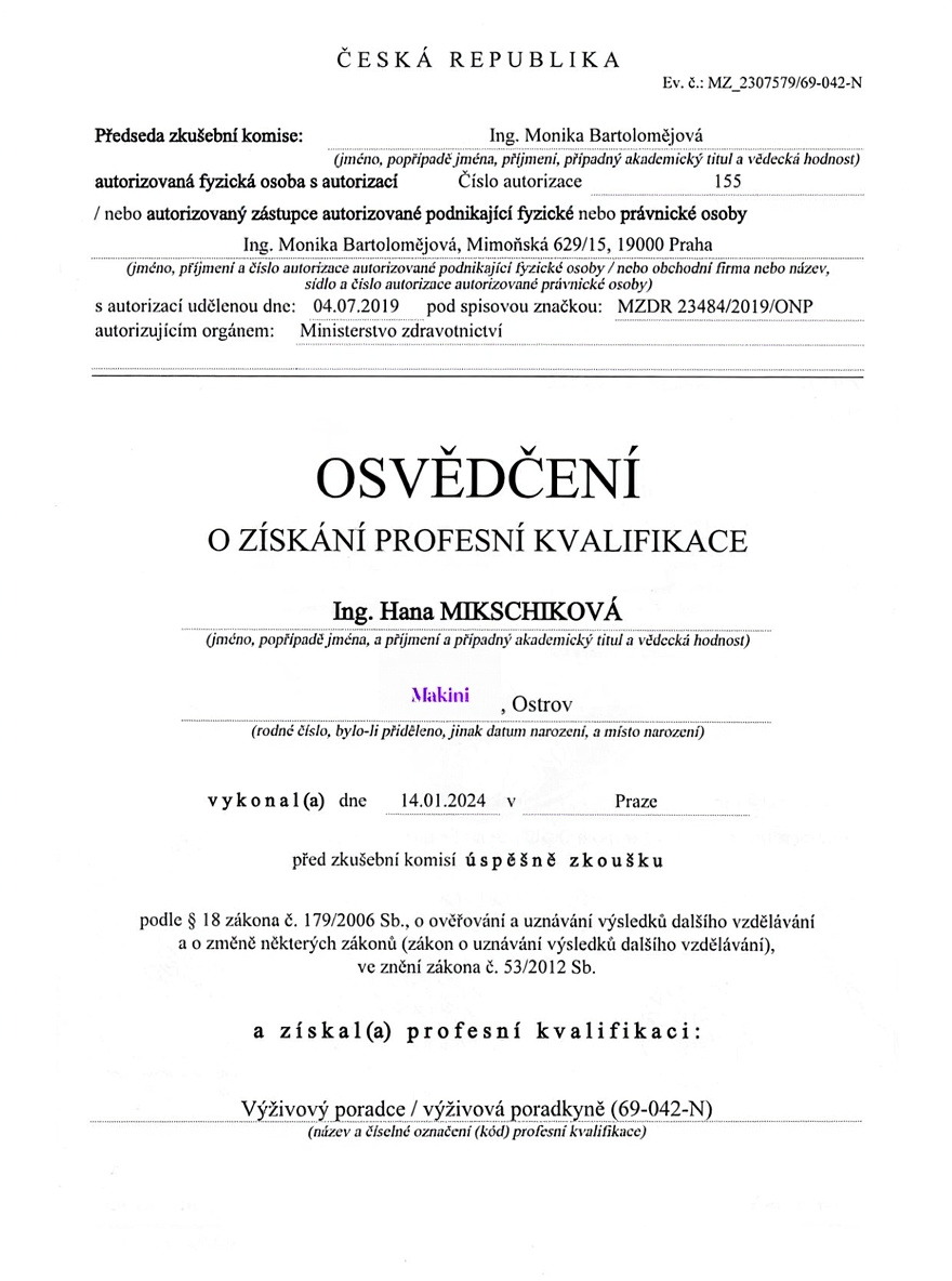 Osvědčení o získání profesní kvalifikace - Výživový poradce