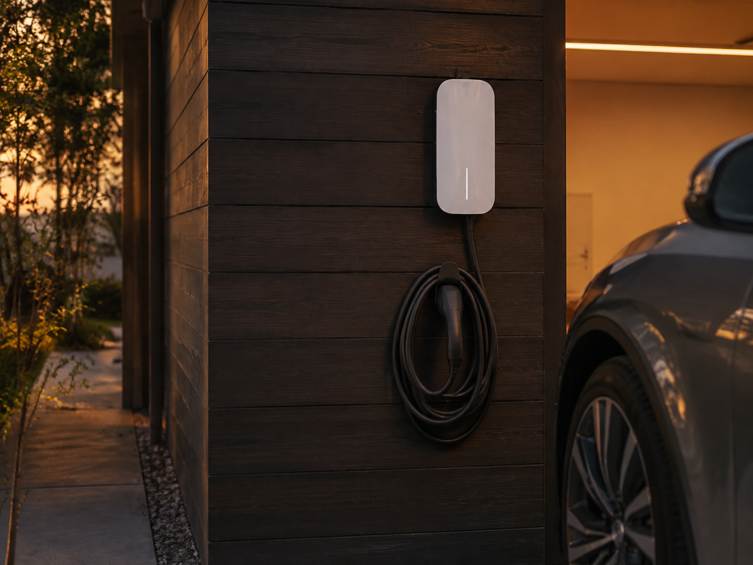 Witte laadpaal aan een houten gevel naast een elektrische auto