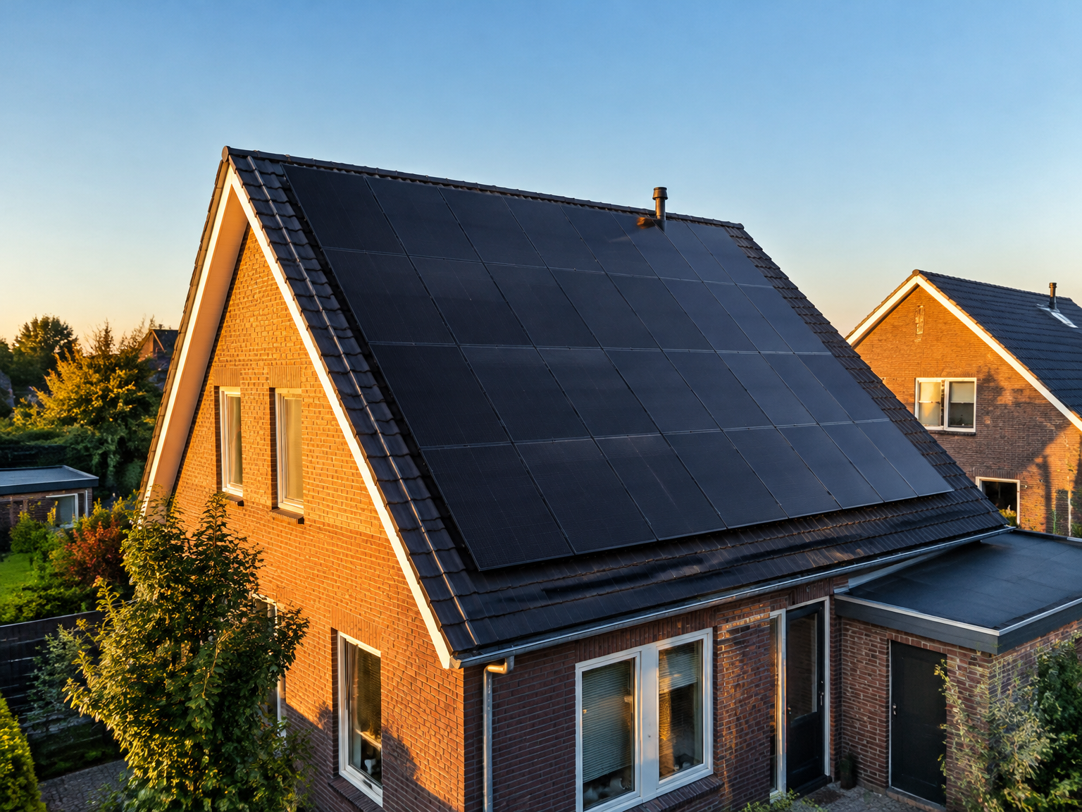 Zwarte zonnepanelen op het schuine dak van een Nederlandse woning bij zonsondergang