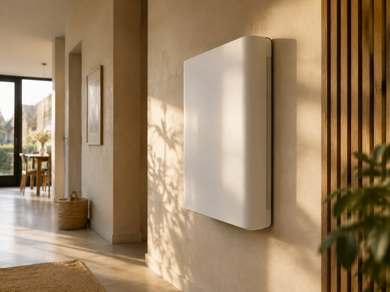 Thuisbatterij gemonteerd aan een muur in een lichte woonhal