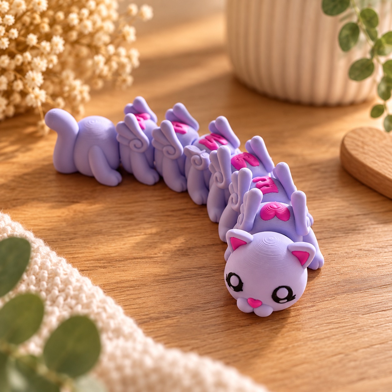 Lila 3D-geprint katje met roze hartjes en een axolotl erbovenop