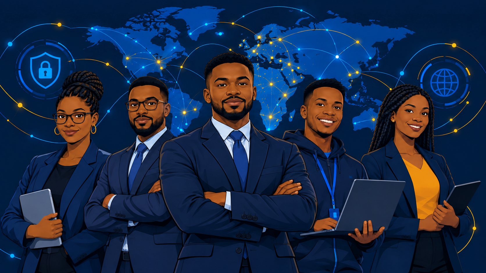 Notre équipe L'équipe Cyber-Protecteur Jelani devant une carte du monde