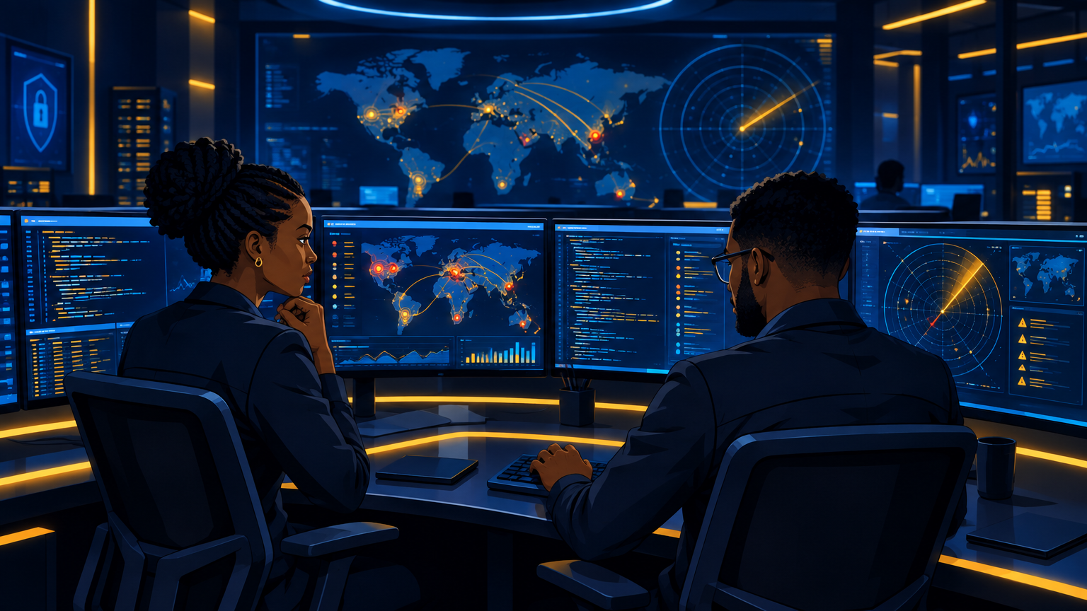 Salle de supervision Deux analystes en cybersécurité devant plusieurs écrans de supervision