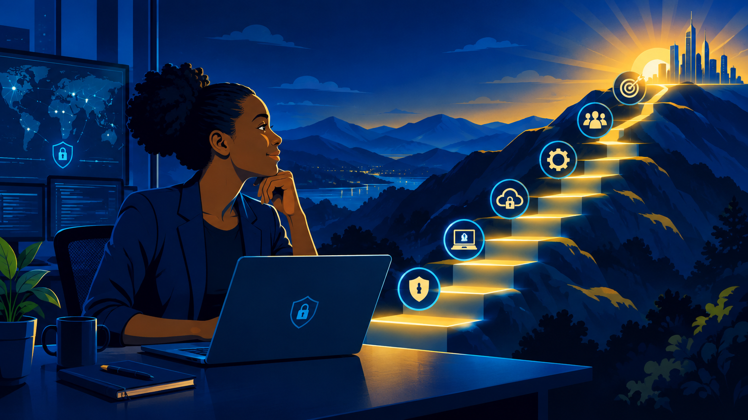 Évoluer avec nous Une jeune professionnelle gravit des marches lumineuses vers un horizon prometteur
