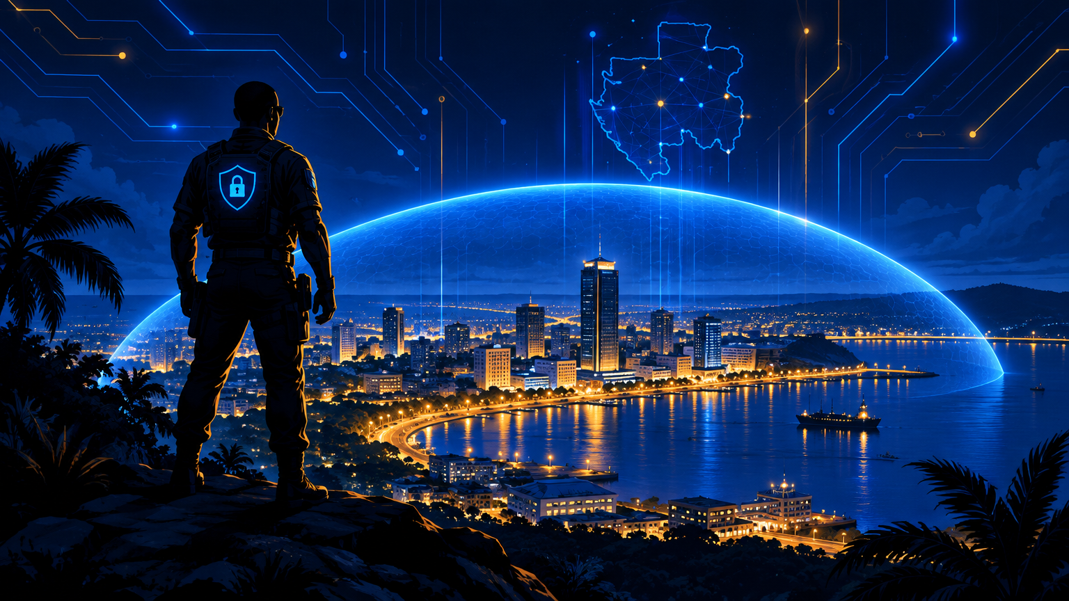 Veille sur Libreville Un cyber-agent veille sur Libreville la nuit, protégée par un dôme d'énergie bleue