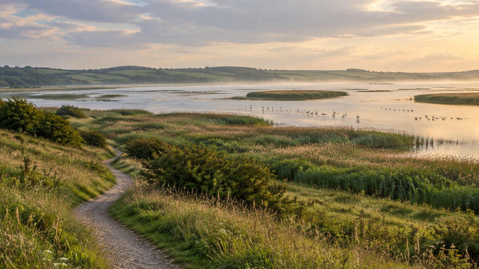 Fredet natur- og engområde ved Nørrestrand med rørskov, vandflade og fugle