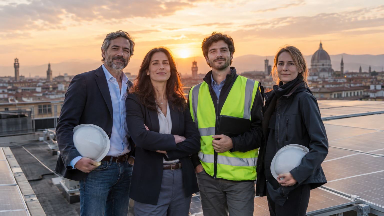 Il team di ComodoGreen su un tetto con pannelli solari