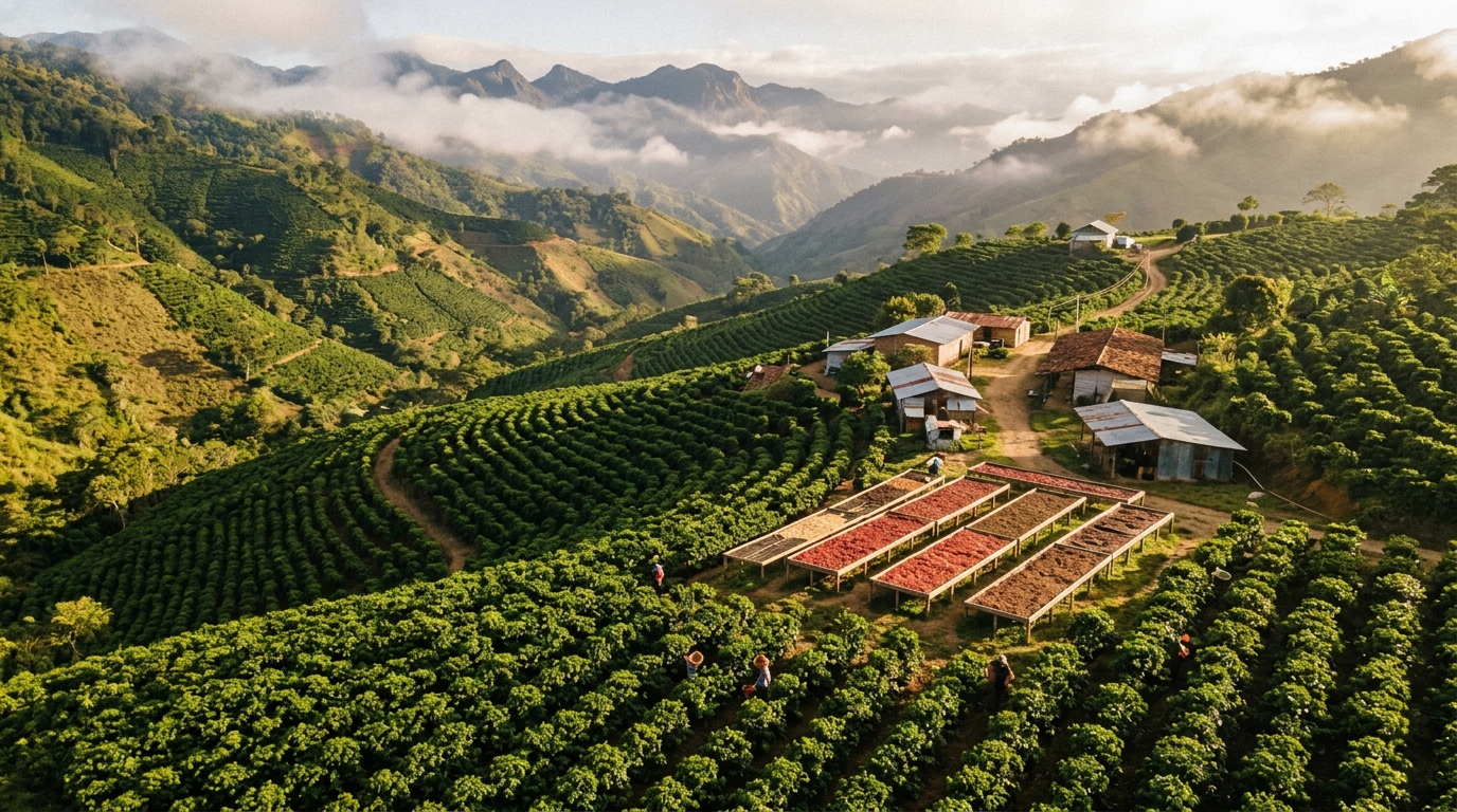 Aerial view of El Jardín coffee farm in Montecillos Honduras with drying beds and mountain mist