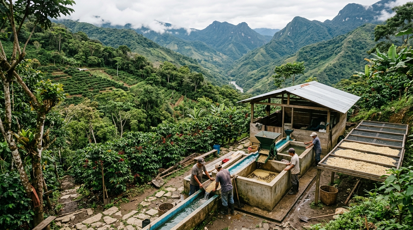 Peru Amazonas coffee washing station with workers processing washed coffee in mountain valley