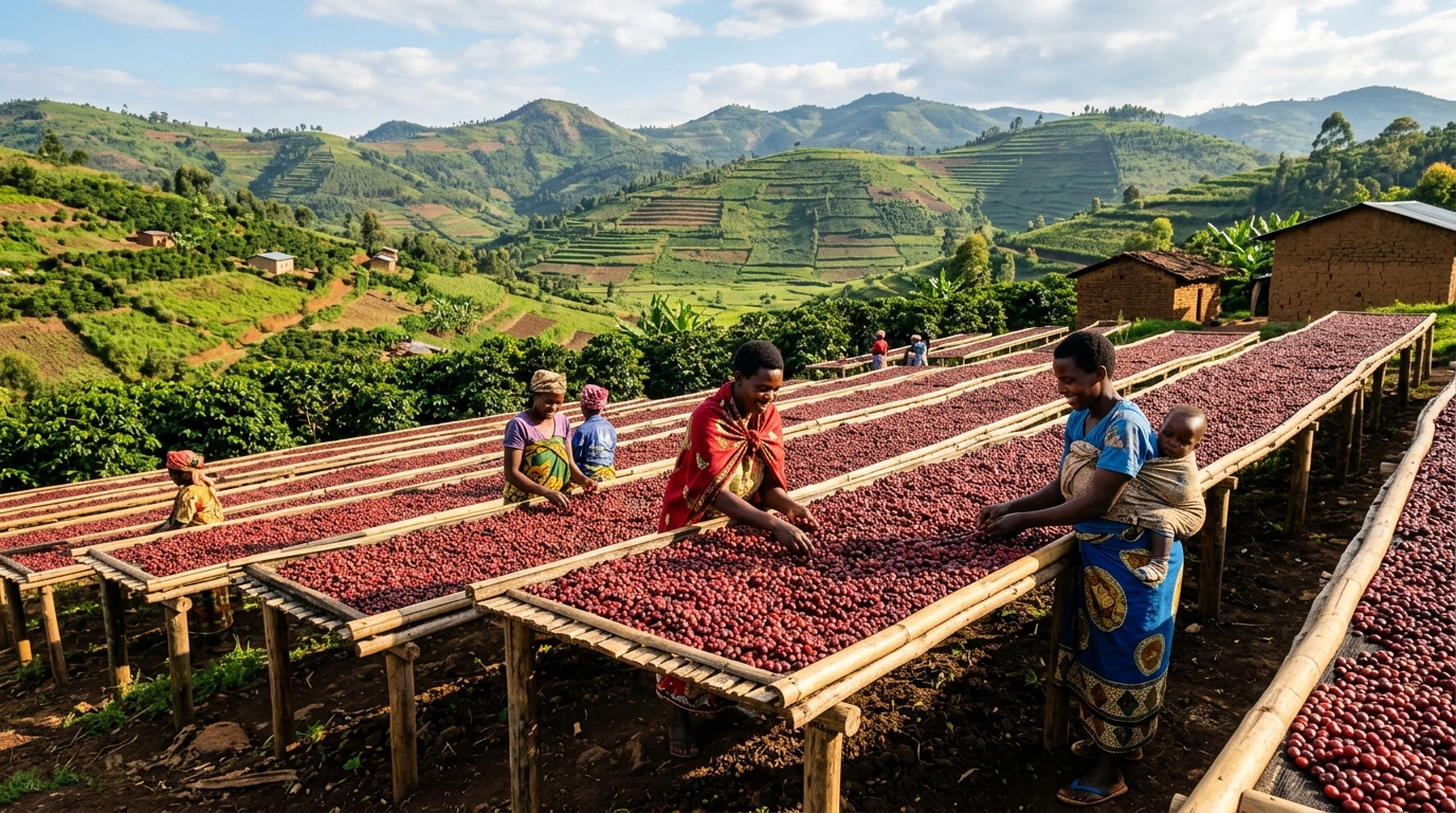 Rwandan women sorting natural processed coffee cherries on raised drying tables with terraced hillside in Southern Province
