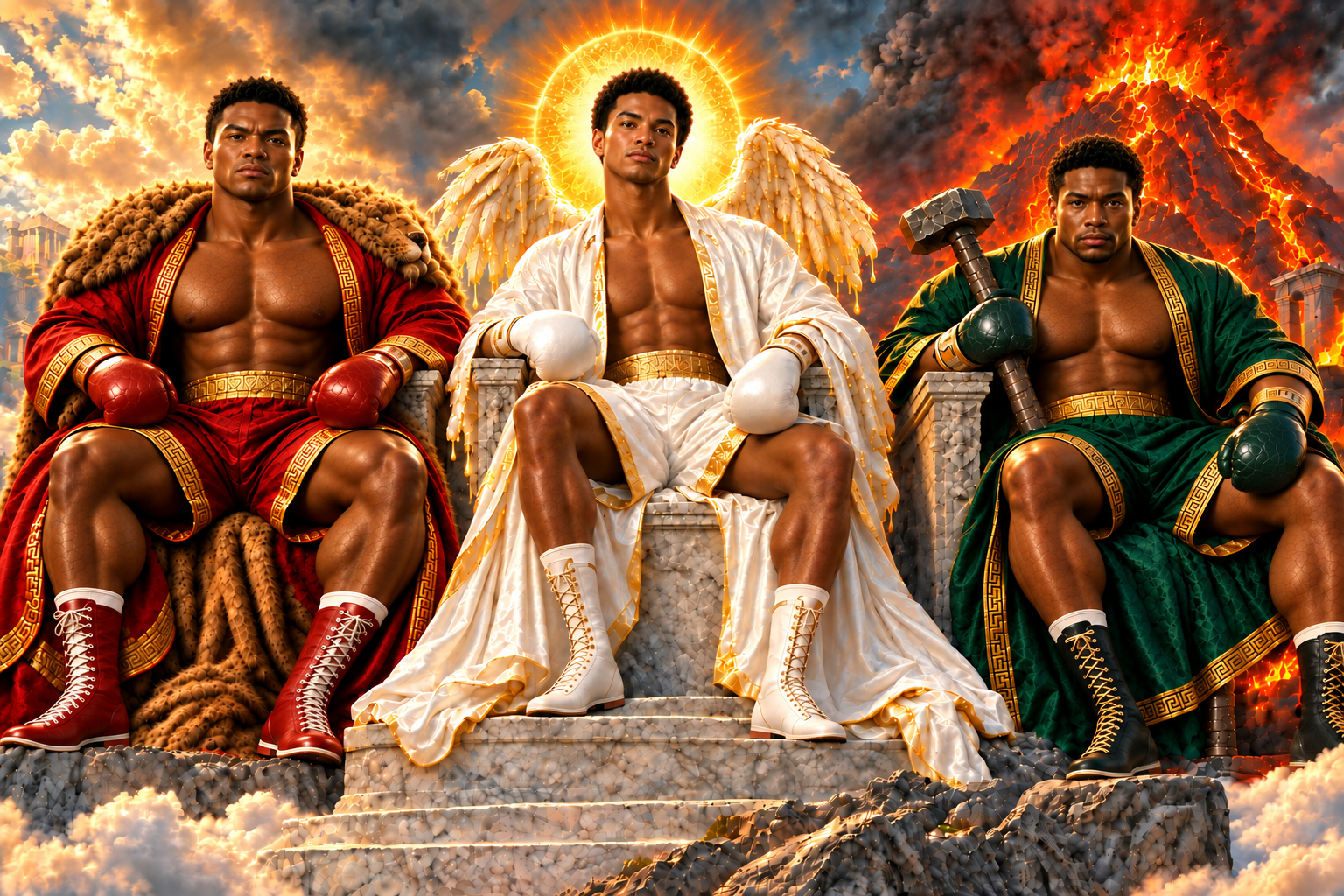 Hercules, Icarus, and Vulcan as three distinct Black American 1970s champion boxers on mythic Mount Olympus thrones