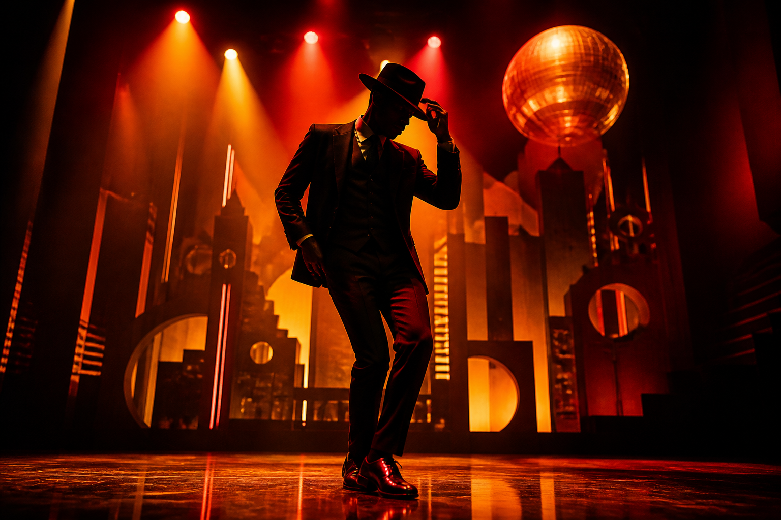 A stylised performer in 1970s dress striking a dramatic pose under a marquee glow, evoking the visual world of Blaxploitation – The Musical