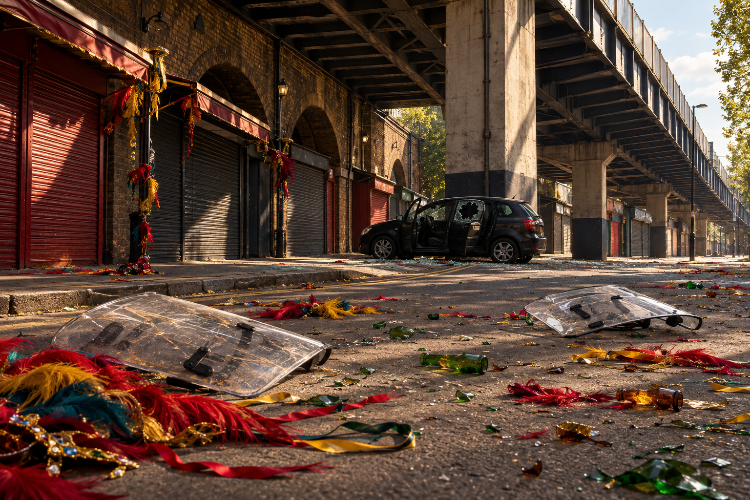 Daylight Carnival side street beneath a bridge with an abandoned car and riot shields on the ground