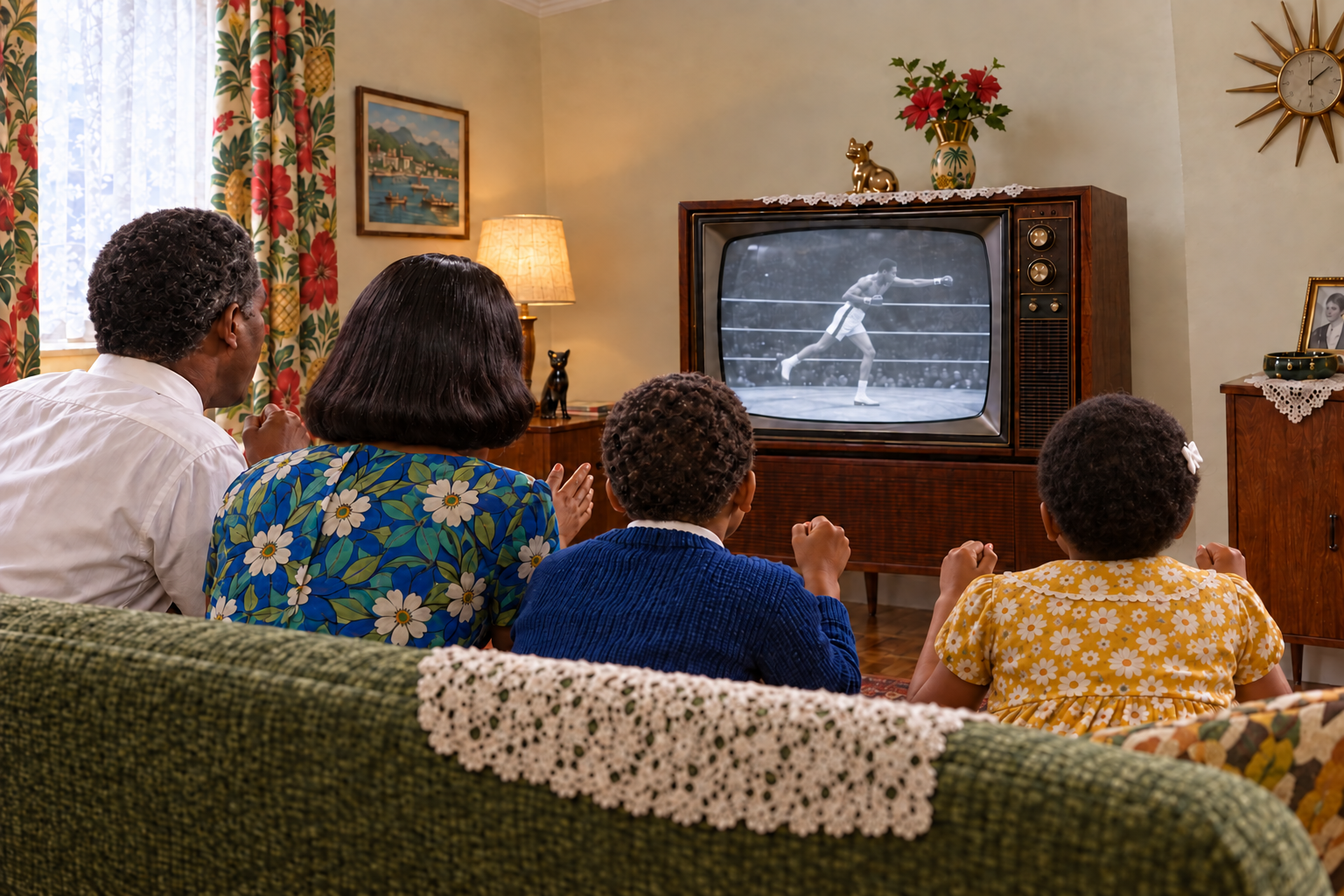 An excited Black British Caribbean family seen from behind in a modest 1964 living room, watching a distant boxer in black-striped white trunks and white boots throw a light left-hand jab on television