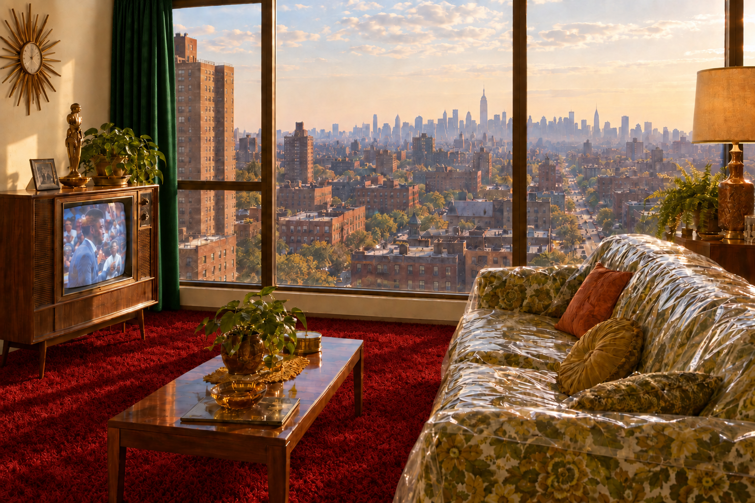 A 1970s Harlem apartment overlooking New York City, with a cabinet television and plastic-covered sofa