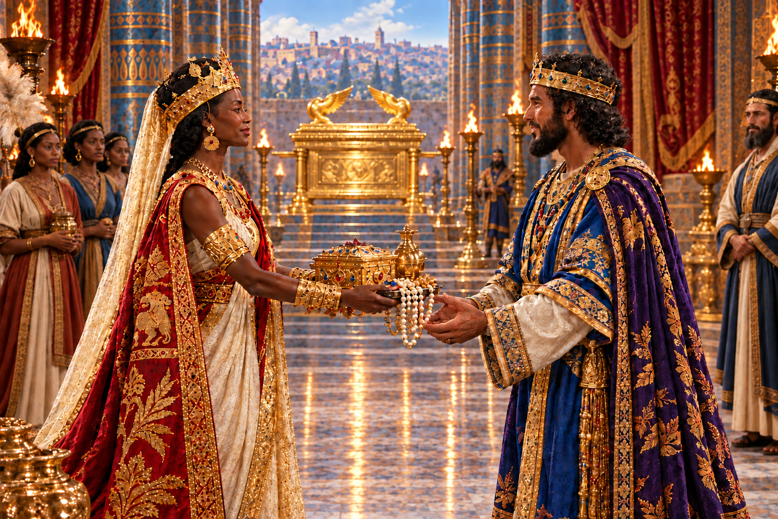 The Queen of Sheba and King Solomon stand face to face as she presents gifts before the Ark of the Covenant and a royal canopy bed