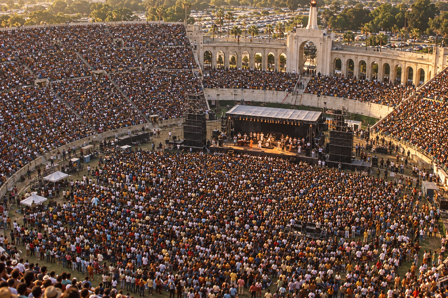 A close hot-air-balloon view over the packed 1972 Wattstax Benefit Concert stage and crowd at the Los Angeles Memorial Coliseum