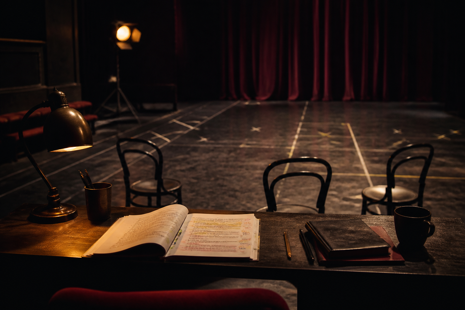 A rehearsal room with chairs pushed back and actors working through a scene under work lights