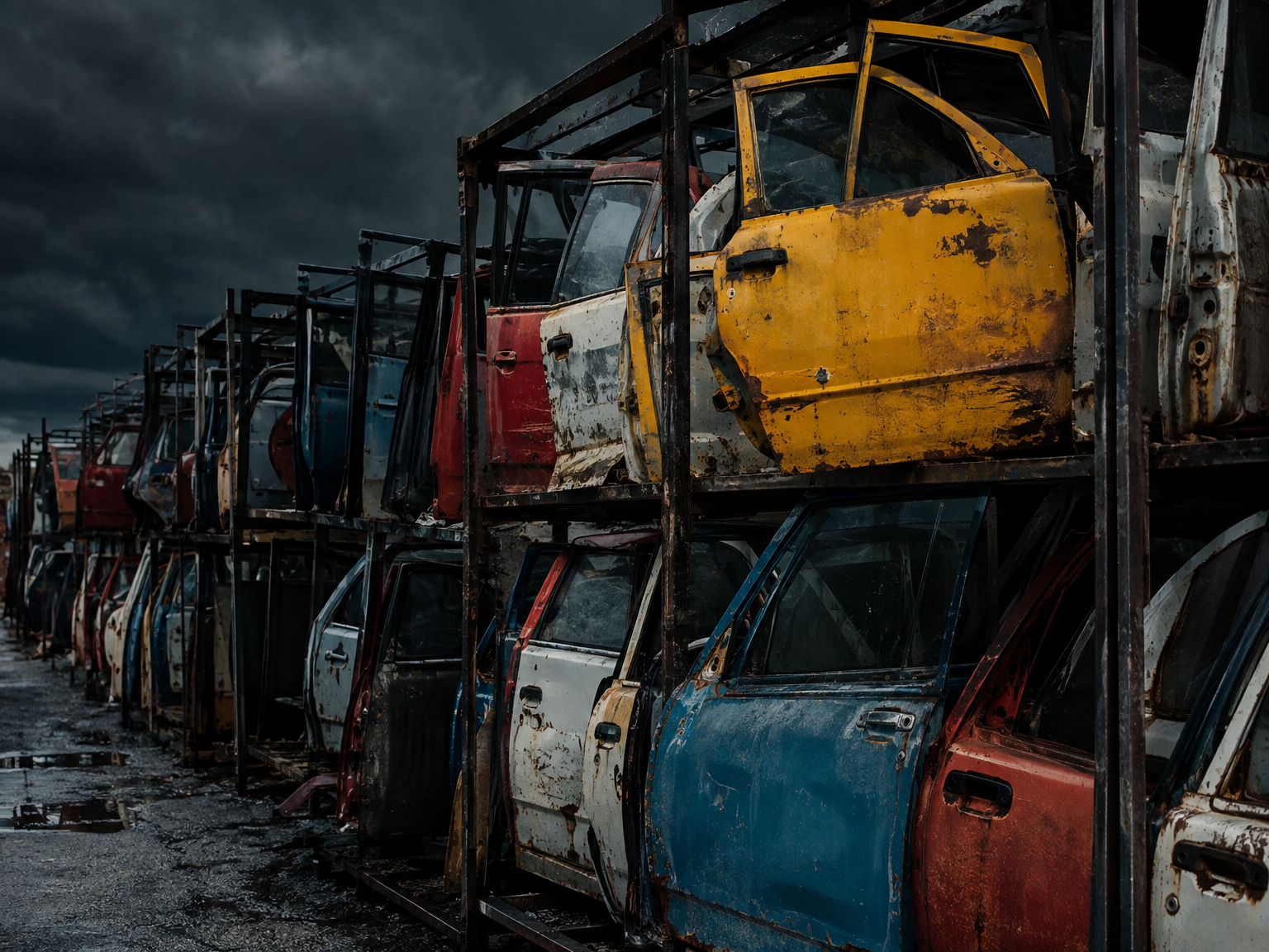 Sportoni di auto usate stipati sui rack dell'autodemolizione