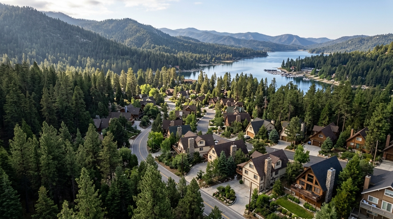 Aerial view of a mountain village surrounded by pine forest