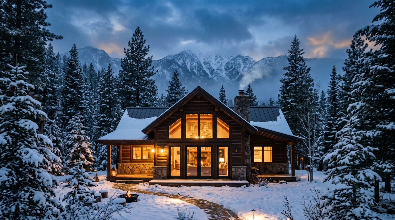 Mountain cabin at dusk with warm lights and pine trees