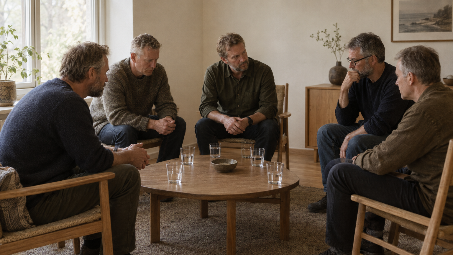 Mænd sidder sammen i rundkreds i et lys, roligt lokale