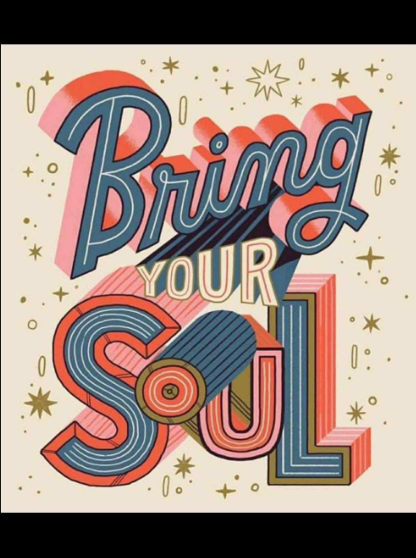 Kunstprint i røde og blå toner med teksten 'Bring your soul'