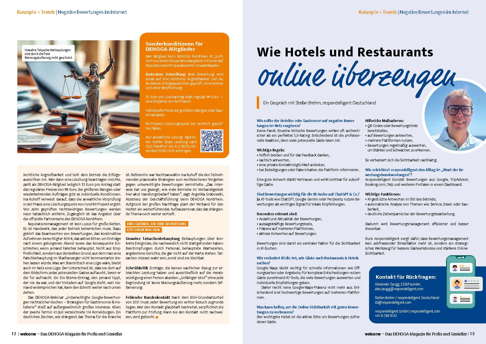 Artikelseiten 12 und 13 aus dem welcome DEHOGA-Magazin mit dem Interview mit Stefan Brehm