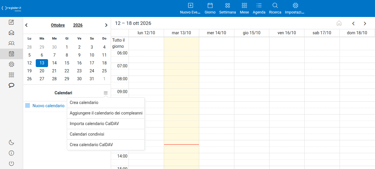 Il menu dell'icona hamburger nel pannello Calendari: da qui si crea o si importa un calendario CalDAV.