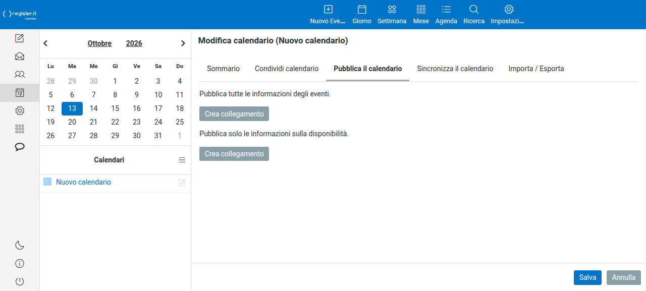 La scheda Pubblica il calendario: due pulsanti Crea collegamento, con tutte le informazioni degli eventi oppure solo la disponibilità.
