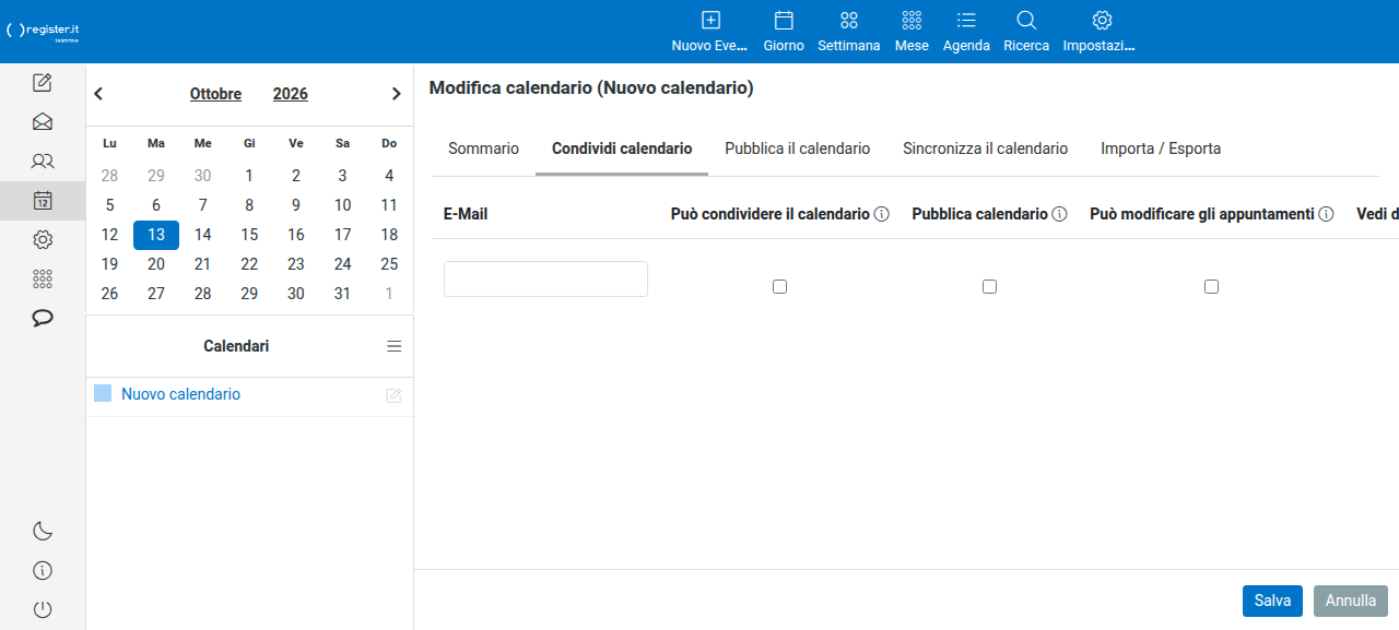 La scheda Condividi calendario: campo E-Mail e caselle dei permessi (può condividere, pubblica calendario, può modificare gli appuntamenti...).