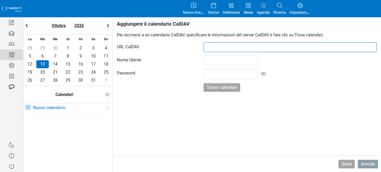 Il pannello Aggiungere il calendario CalDAV: URL del server, nome utente, password e pulsante Trova i calendari.