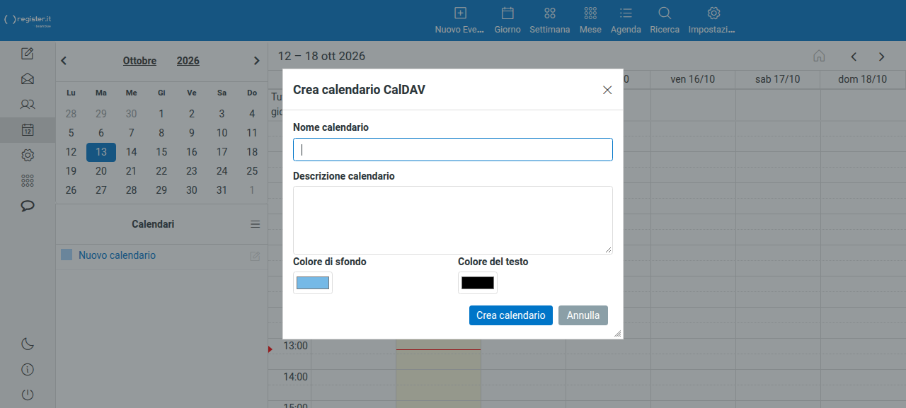 La finestra Crea calendario CalDAV: nome, descrizione, colore di sfondo e colore del testo del nuovo calendario.