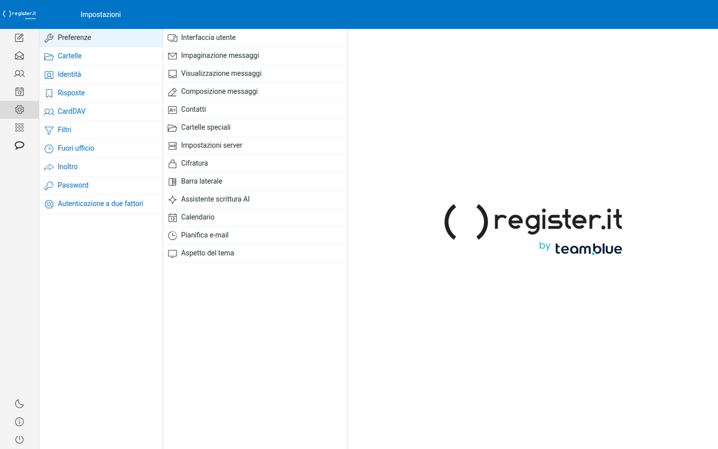 Il pannello Impostazioni: Preferenze, Cartelle, Identità, Risposte, CardDAV, Filtri, Fuori ufficio, Inoltra, Password e due fattori.
