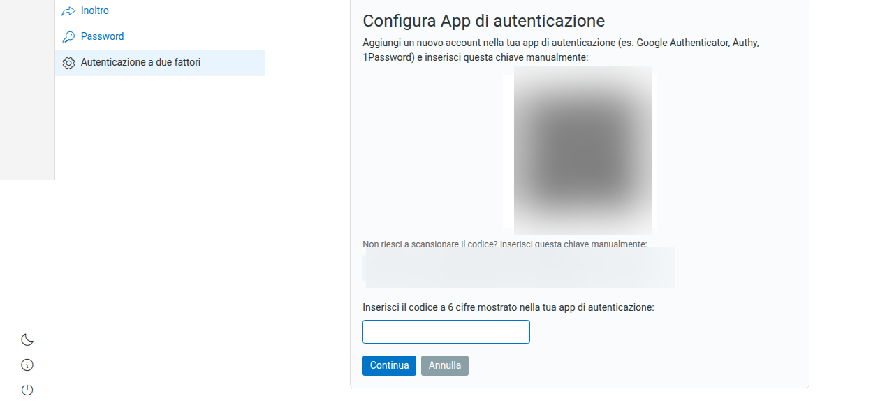 Configurazione dell'app: si scansiona il QR code (qui offuscato per sicurezza) e si conferma inserendo il codice a 6 cifre; con Annulla si interrompe senza attivare nulla.