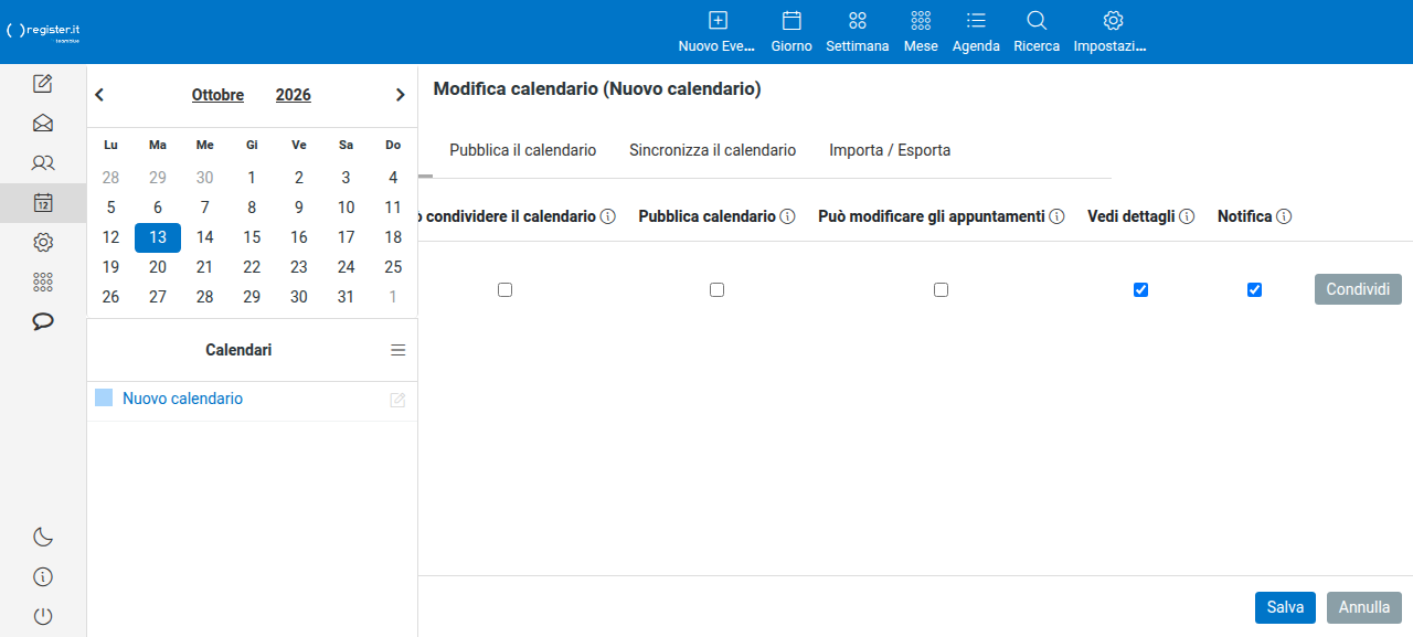 Le caselle Vedi dettagli e Notifica, a destra della stessa scheda, con il pulsante Condividi.