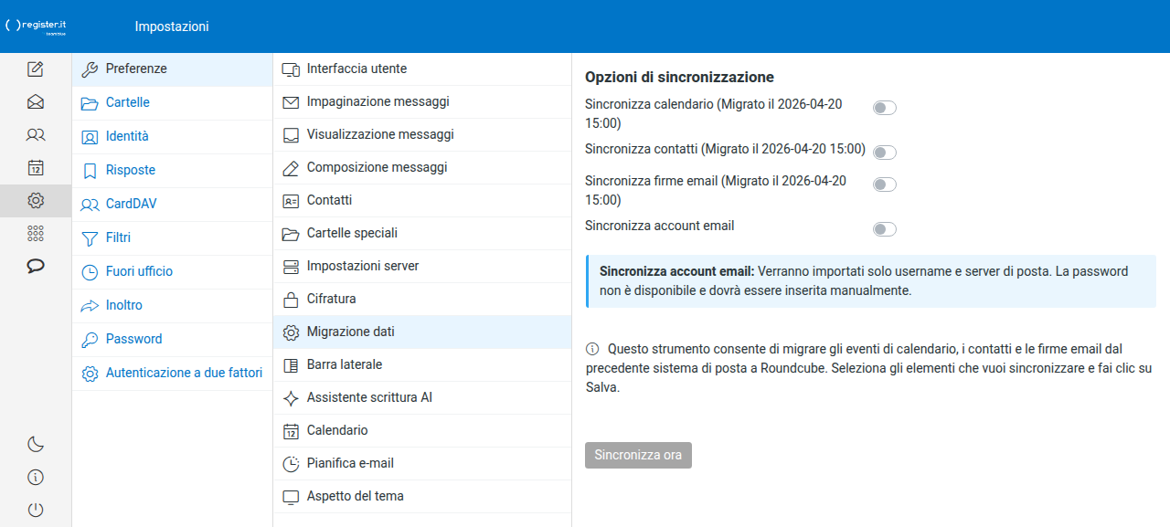 Impostazioni > Preferenze > Migrazione dati: gli interruttori di sincronizzazione (con la data dell'ultima migrazione), la spiegazione dello strumento e il pulsante Sincronizza ora.