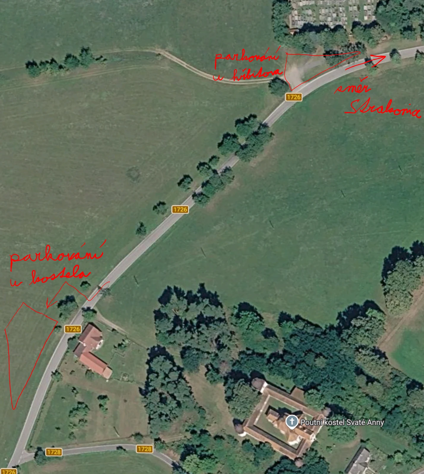 Mapa s vyznačenými místy k parkování u Sv. Anny