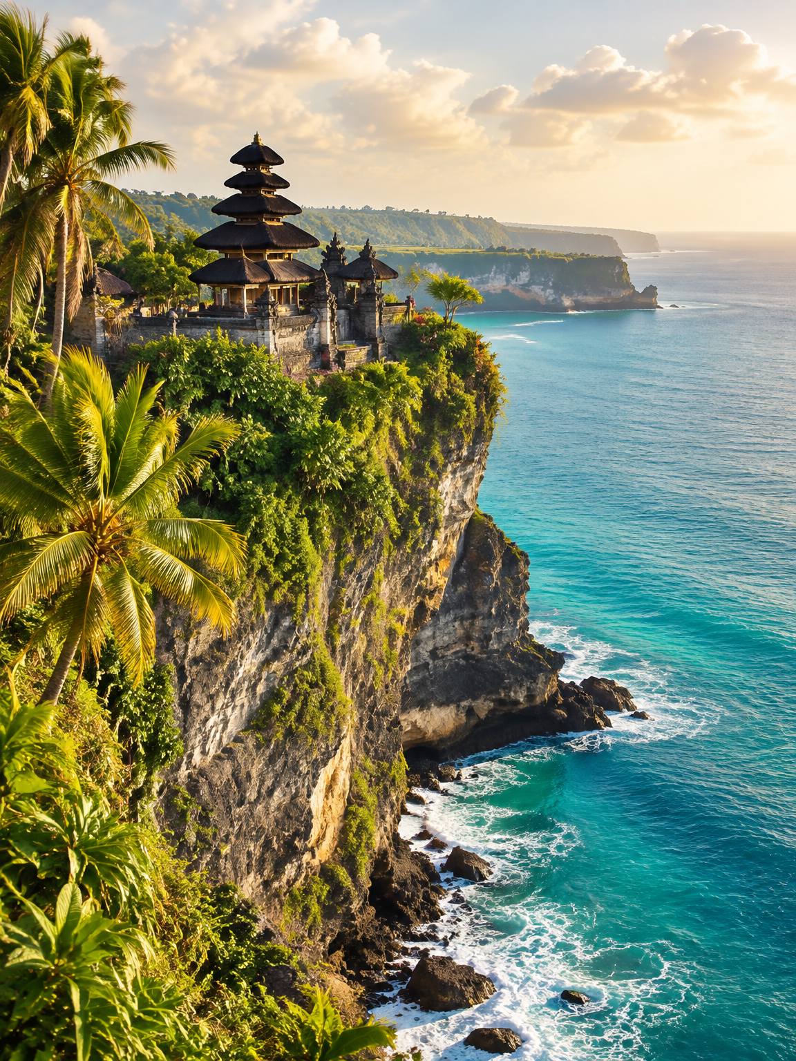 Tropical cliffside temple above a turquoise ocean, bathed in golden afternoon light
