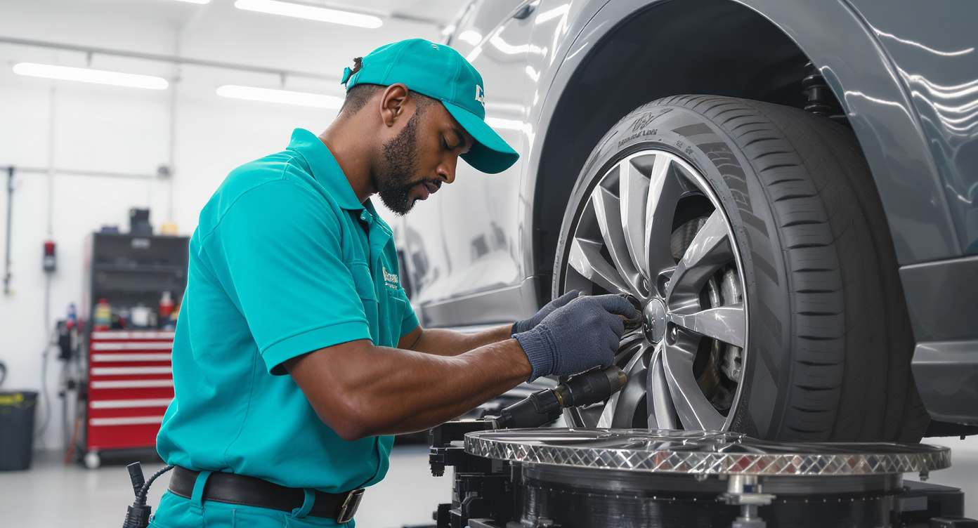 Professional Repair2Care technician performing alloy wheel repair in modern workshop