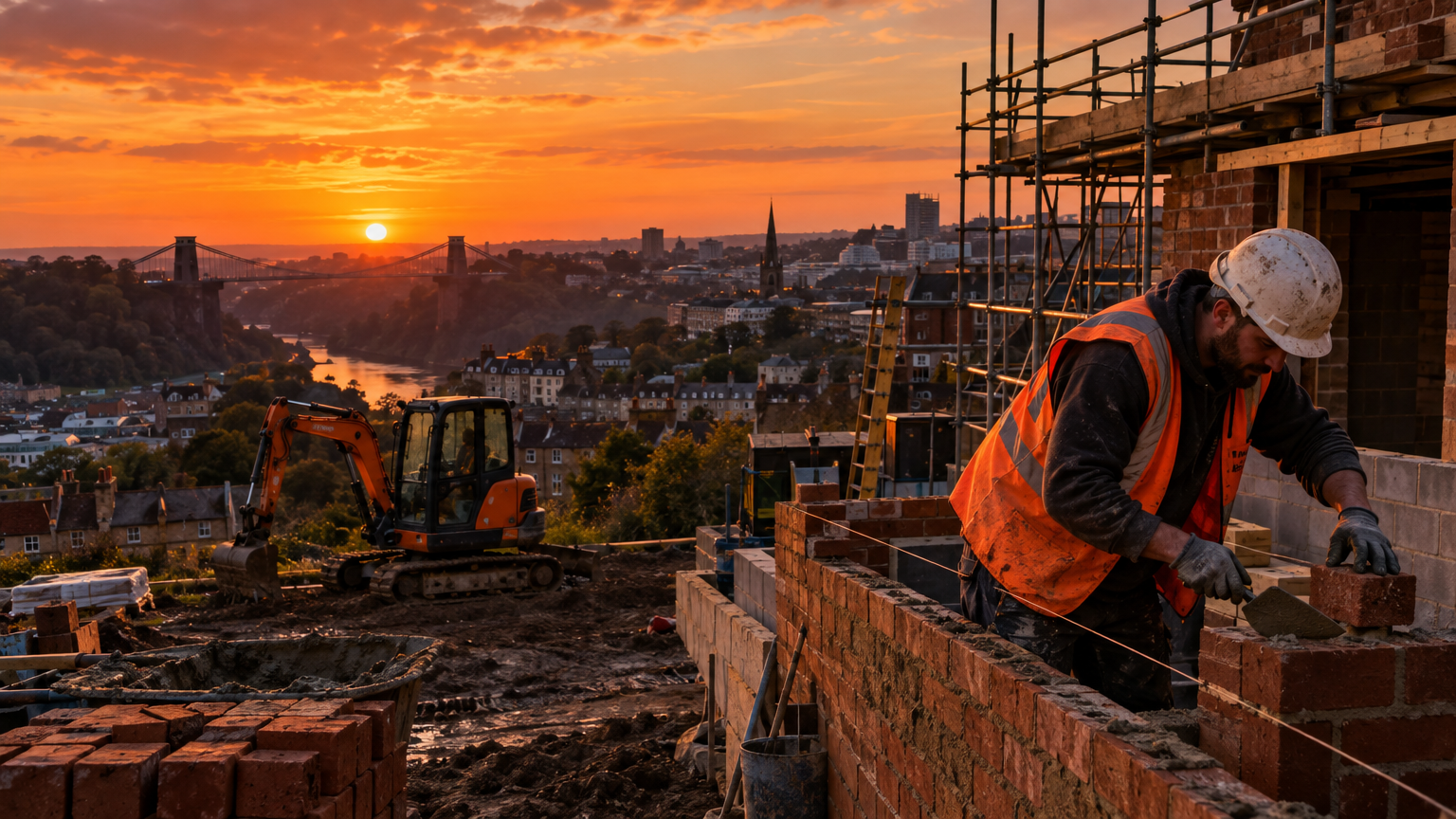Bricklayer working on a site in Bristol at sunset