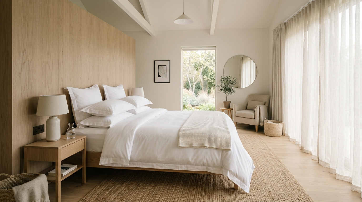 Luxurious Airbnb bedroom with white linen and natural light