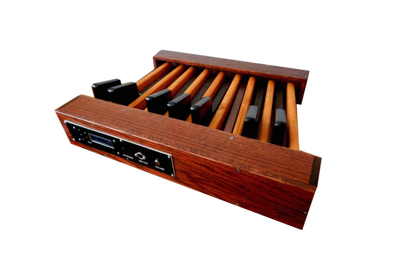 JG3 16 note oak MIDI bass pedalboard, three quarter view with LCD control panel and MIDI out