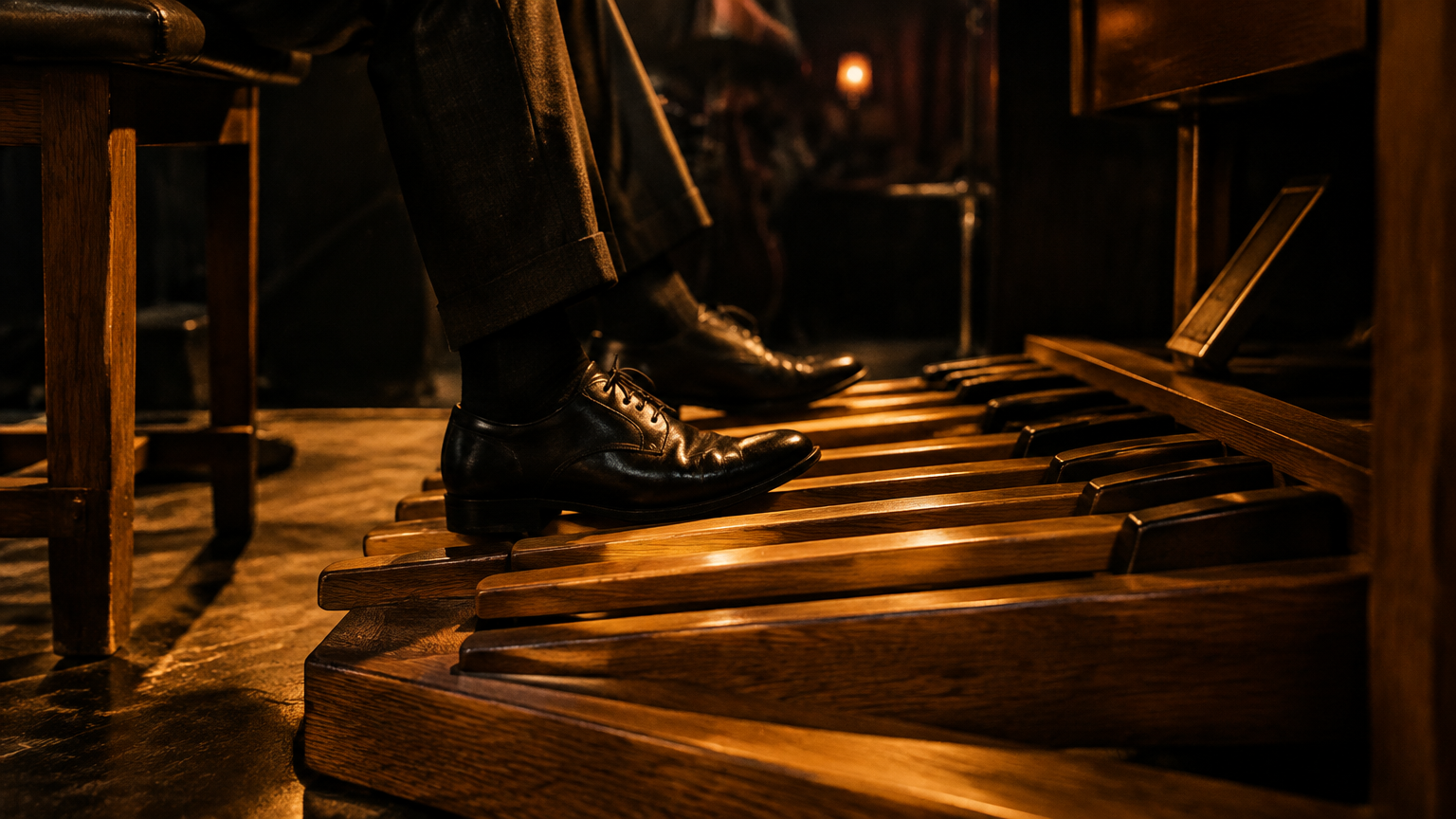 A player's foot resting on a solid oak pedalboard under warm club stage light