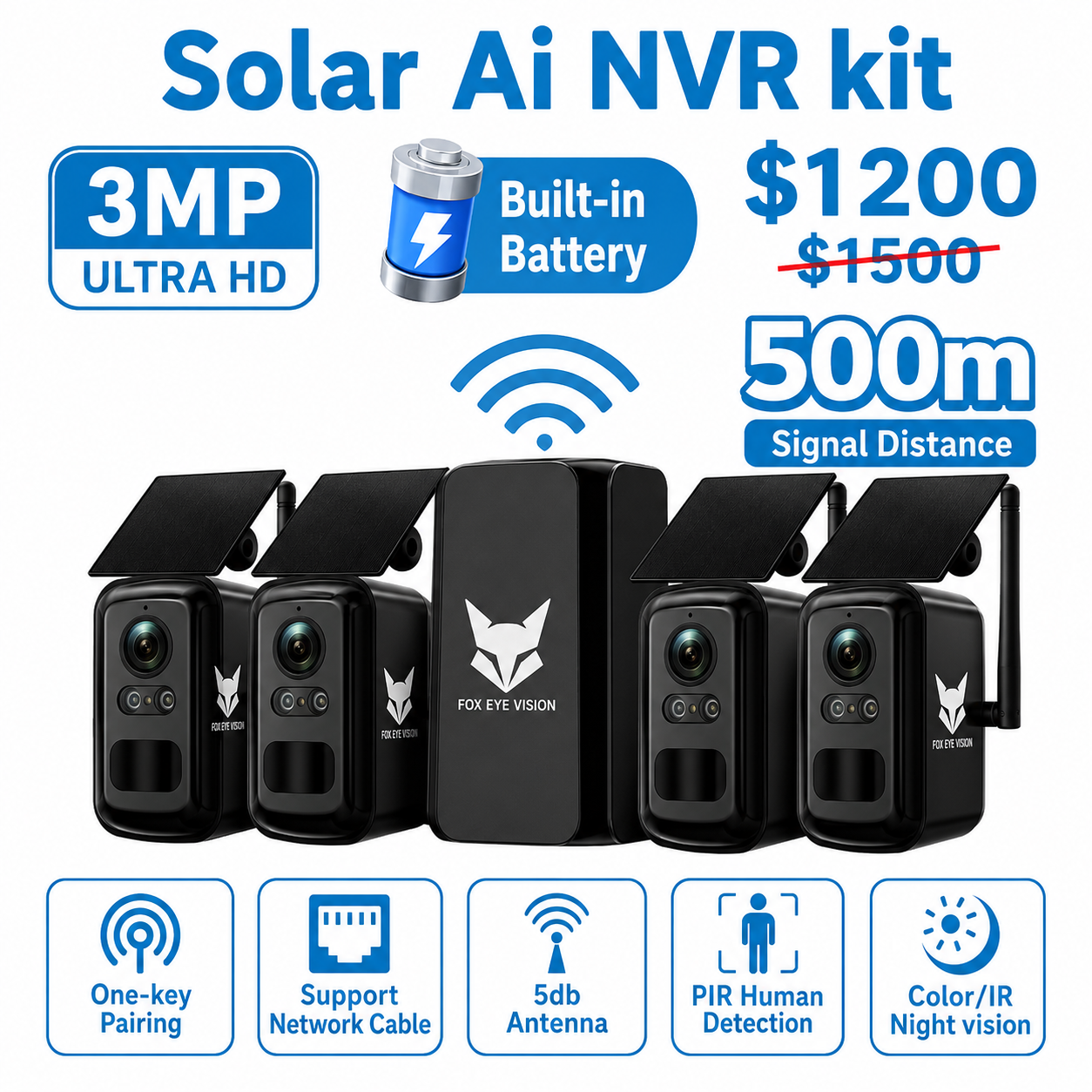 FOX-HUB-4CAM Home Hub Combo Kit — Solar AI NVR Kit 3MP Ultra HD