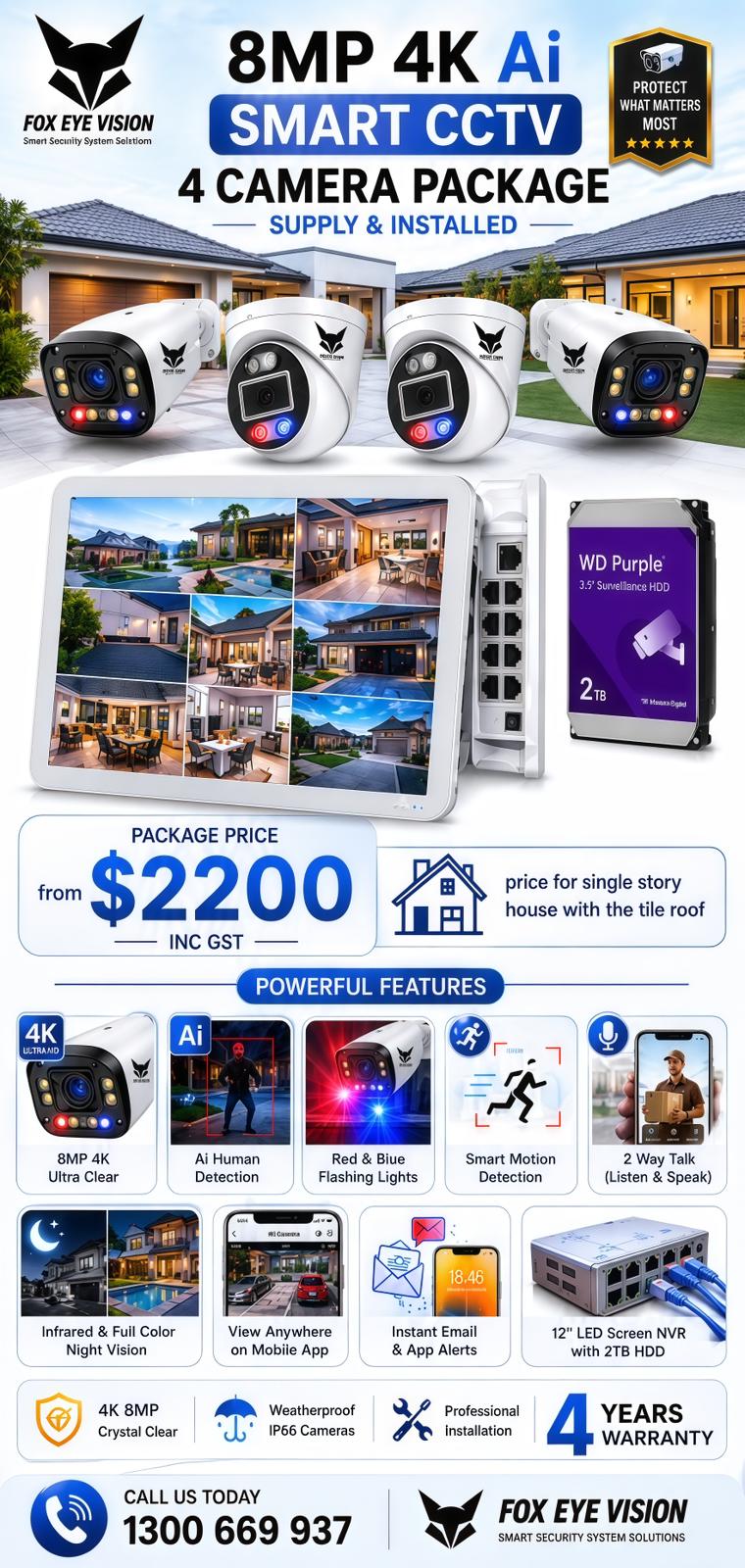 8MP 4K AI Smart CCTV 4 Camera Package — Supply and Installed from $2200 INC GST